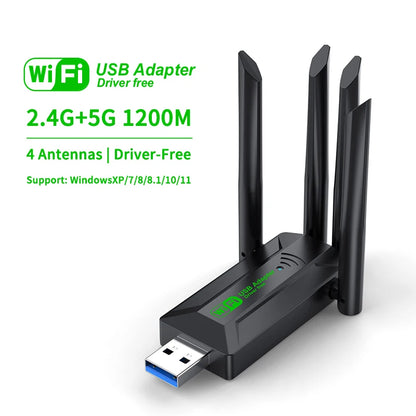 1200Mbps Dual Band Wi-Fi USB Adapter with 4 Antennas, 802.11AC, USB 3.0 High-Speed Wireless Receiver for PC/Laptop