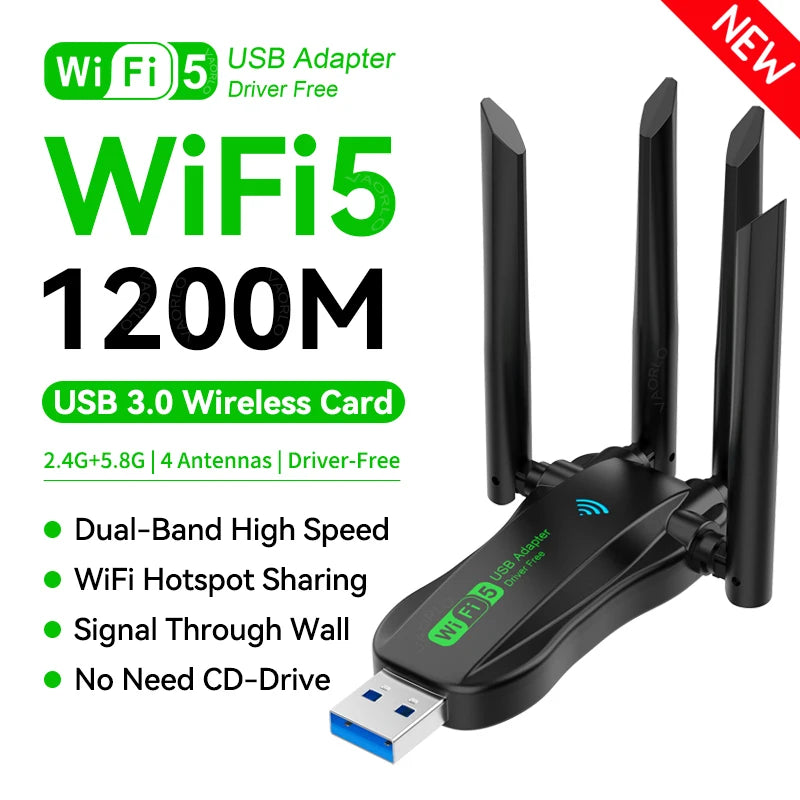 1200Mbps Dual Band Wi-Fi USB Adapter with 4 Antennas, 802.11AC, USB 3.0 High-Speed Wireless Receiver for PC/Laptop